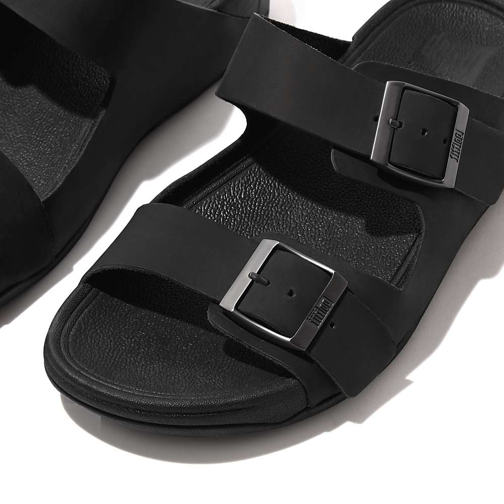 Men's Fitflop GOGH MOC Buckle Nubuck Slides Sandals Black | Ireland-79261