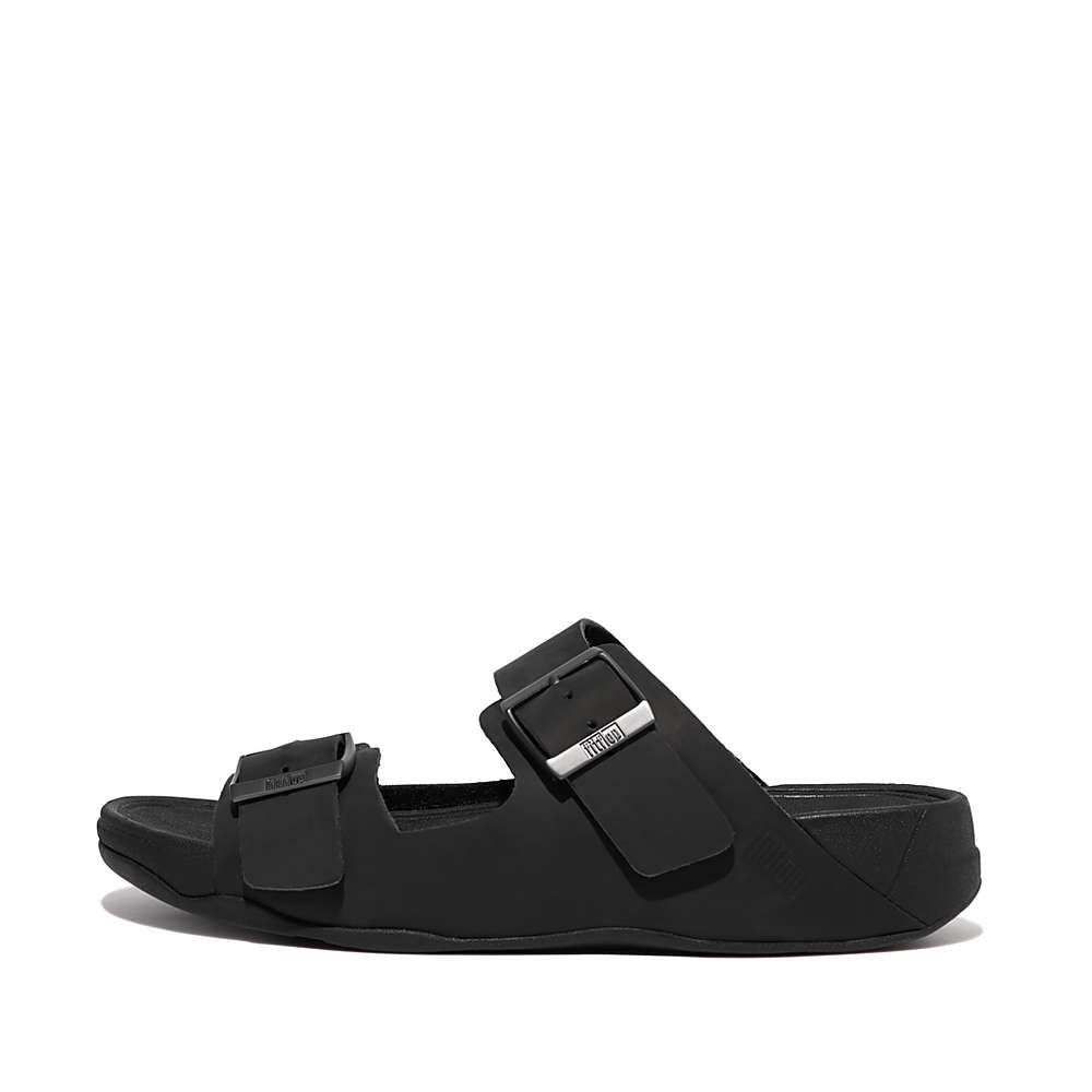 Men\'s Fitflop GOGH MOC Buckle Nubuck Slides Sandals Black | Ireland-79261