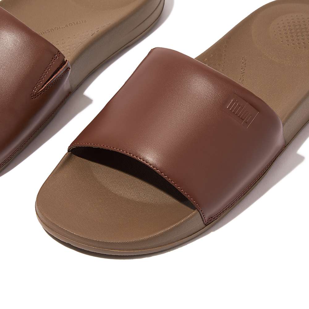 Men's Fitflop IQUSHION Ergonomic Leather Slides Dark Brown | Ireland-50684