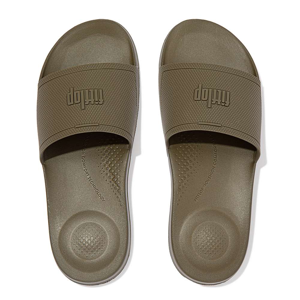 Men's Fitflop IQUSHION Pool Slides Olive | Ireland-25641