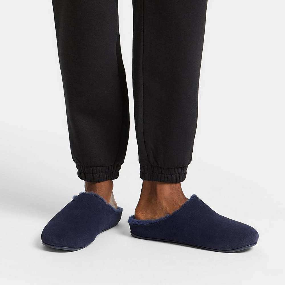 Men's Fitflop SHOVE Shearling-Lined Suede Slippers Navy | Ireland-06814