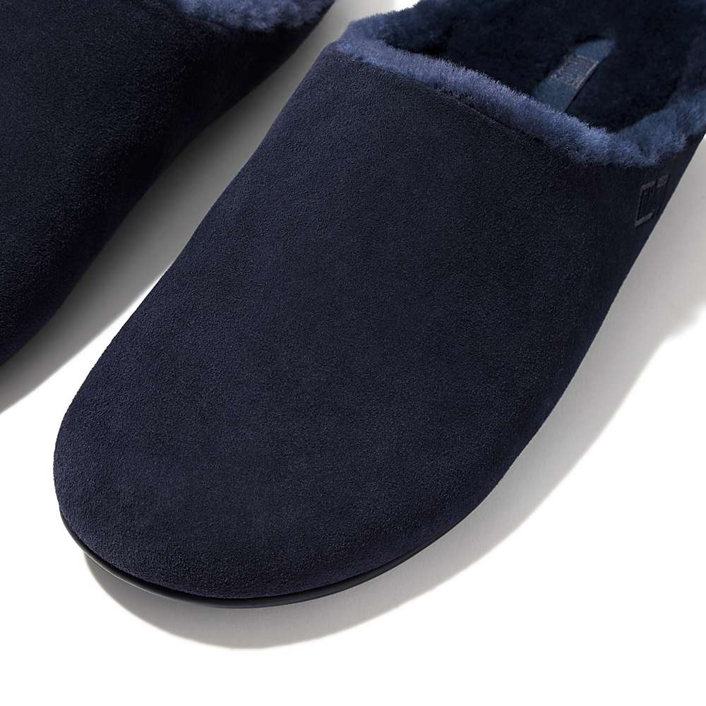 Men's Fitflop SHOVE Shearling-Lined Suede Slippers Navy | Ireland-06814