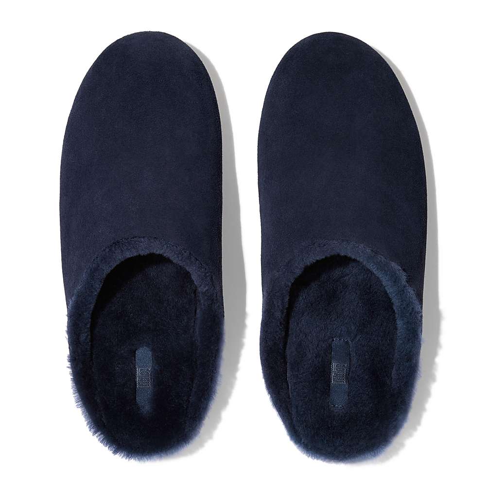 Men's Fitflop SHOVE Shearling-Lined Suede Slippers Navy | Ireland-06814