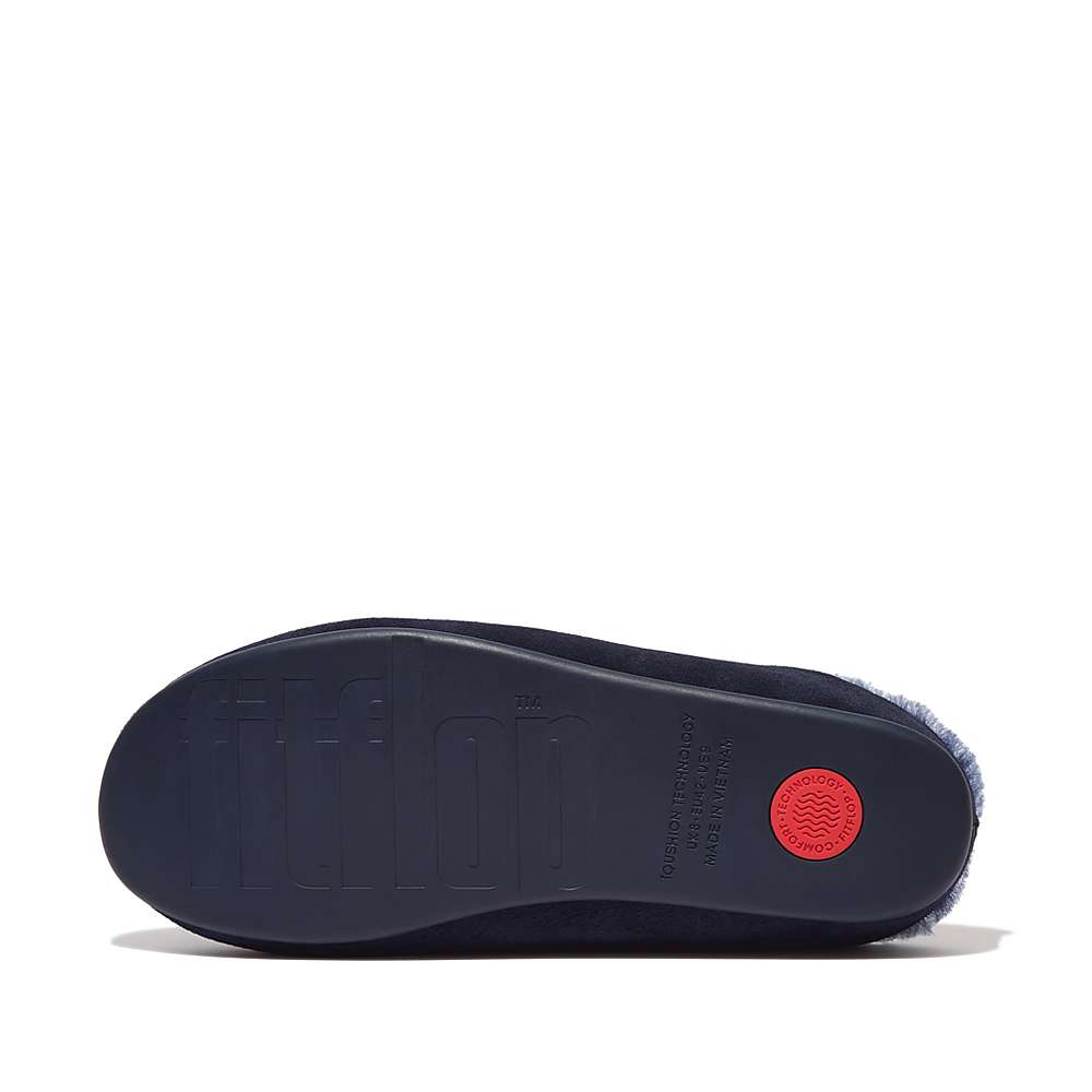 Men's Fitflop SHOVE Shearling-Lined Suede Slippers Navy | Ireland-06814