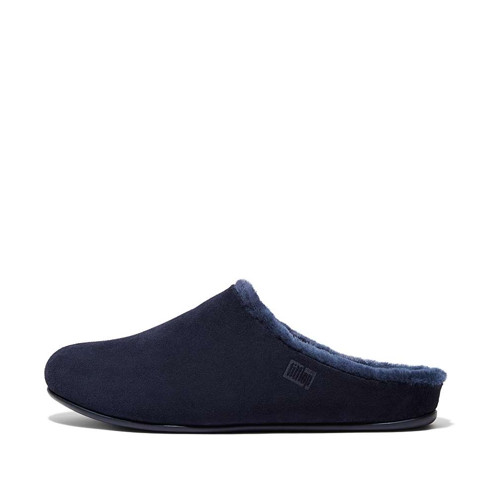 Men\'s Fitflop SHOVE Shearling-Lined Suede Slippers Navy | Ireland-06814