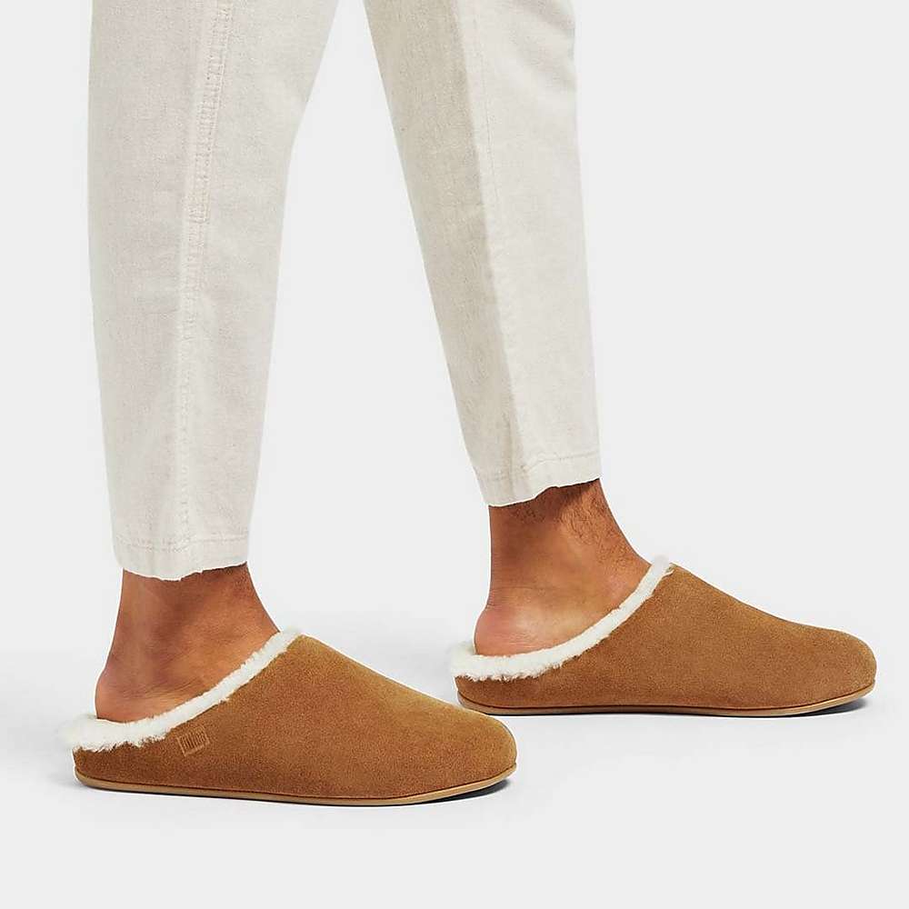 Men's Fitflop SHOVE Shearling-Lined Suede Slippers Light Brown | Ireland-82769