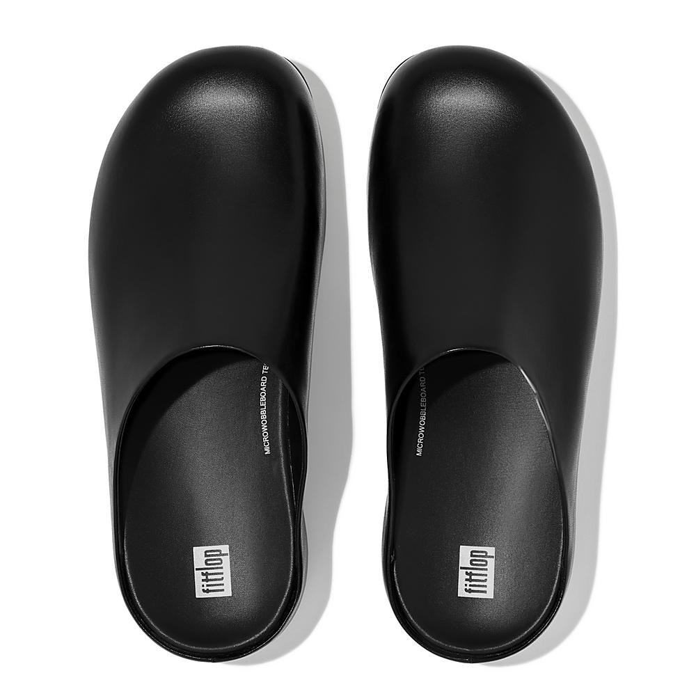 Men's Fitflop SHUV Leather Clogs Black | Ireland-17284