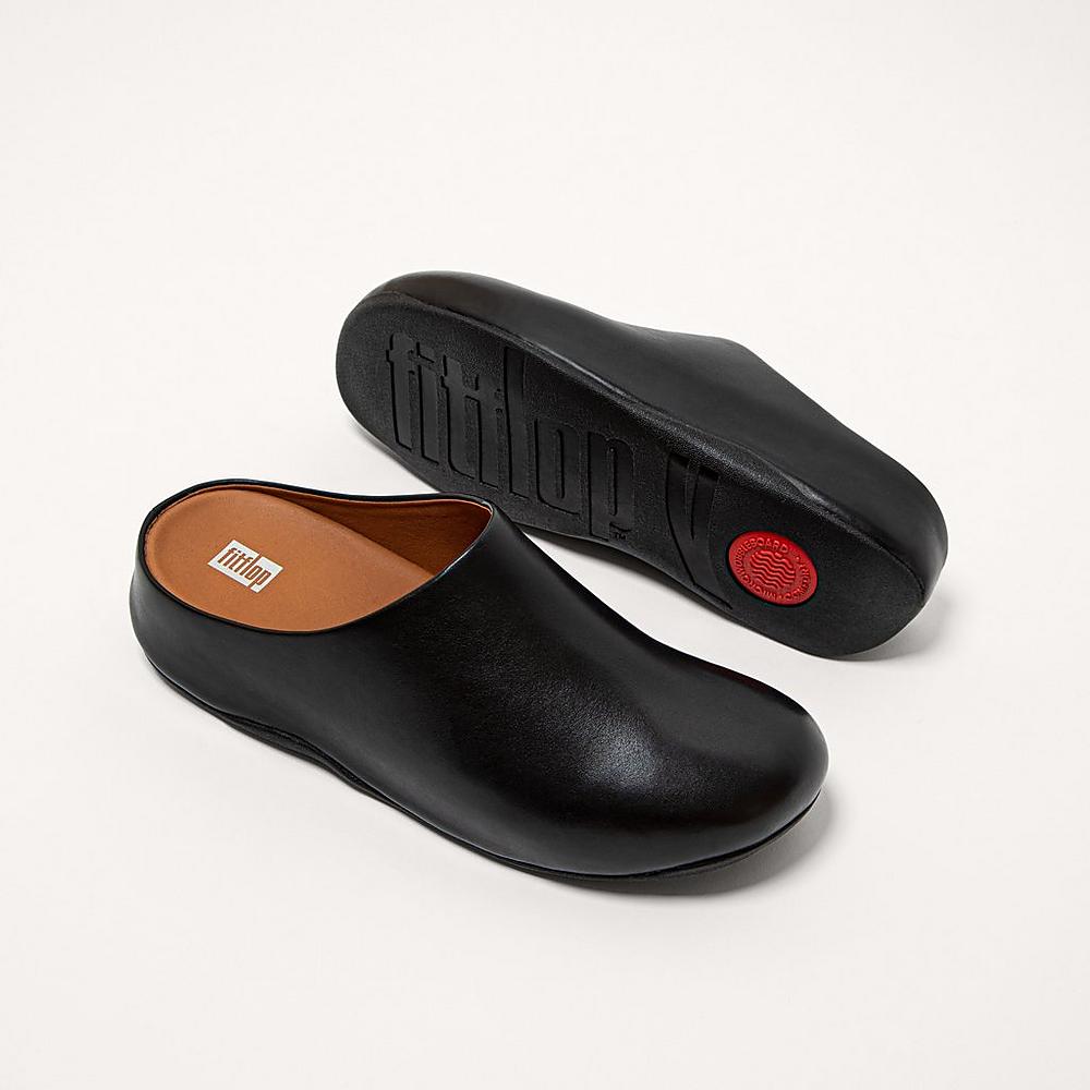 Men's Fitflop SHUV Leather Clogs Black | Ireland-17284