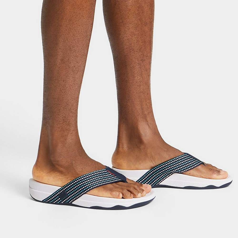 Men's Fitflop SURFER Stripe Toe-Post Sandals Navy/White | Ireland-07586