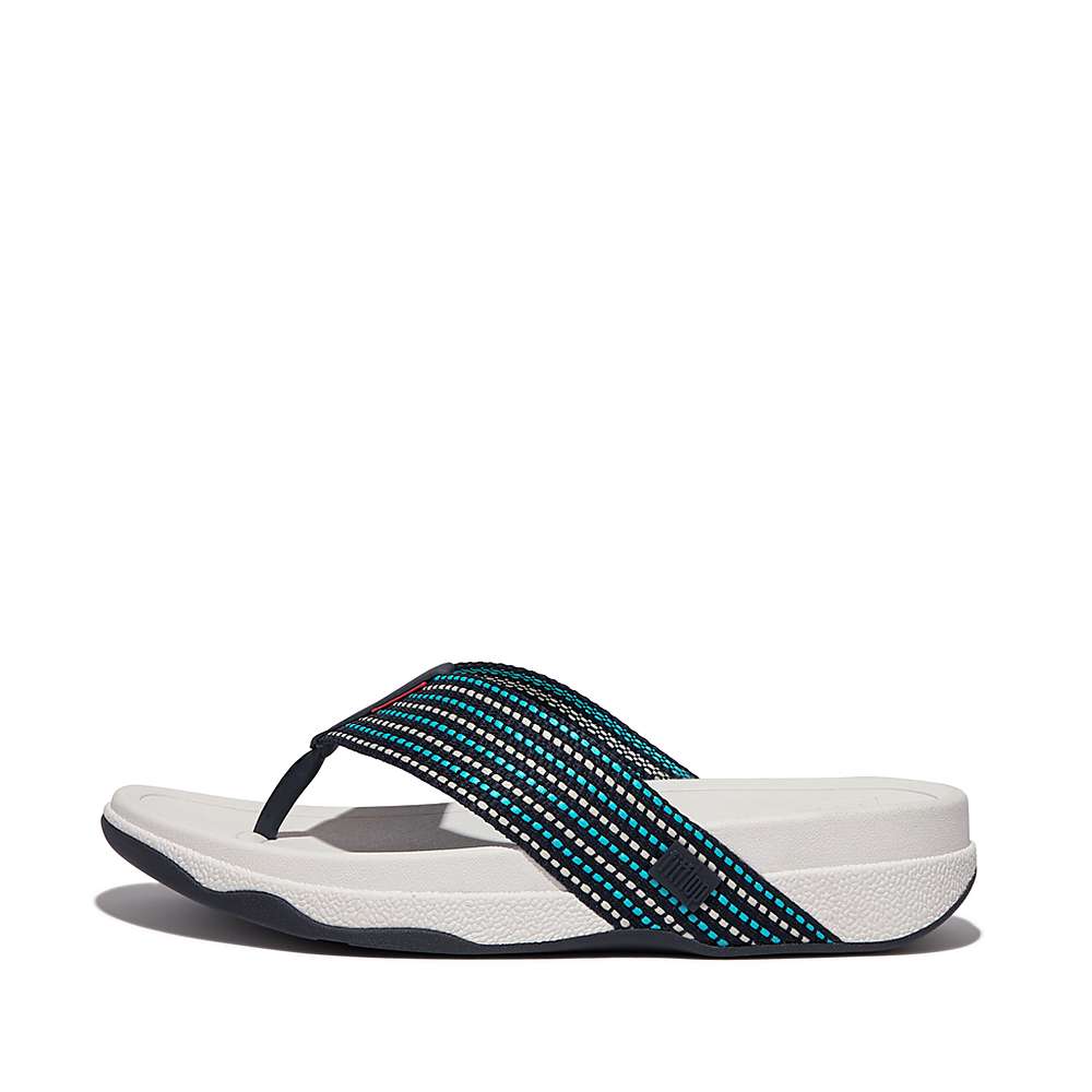 Men\'s Fitflop SURFER Stripe Toe-Post Sandals Navy/White | Ireland-07586