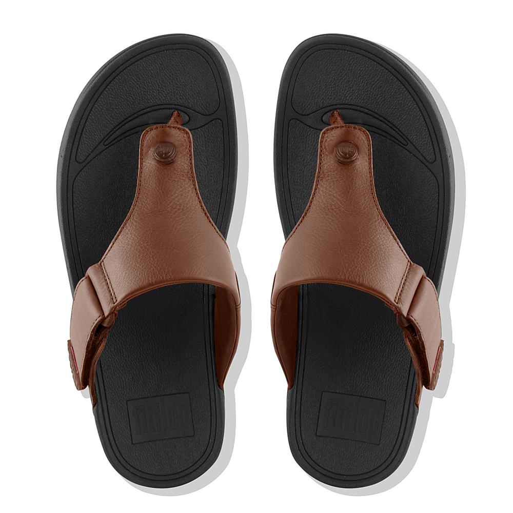 Men's Fitflop TRAKK II Leather Flip Flops Dark Brown | Ireland-56074