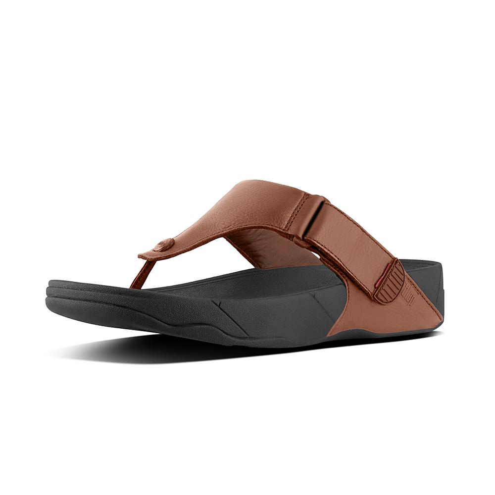 Men's Fitflop TRAKK II Leather Flip Flops Dark Brown | Ireland-56074