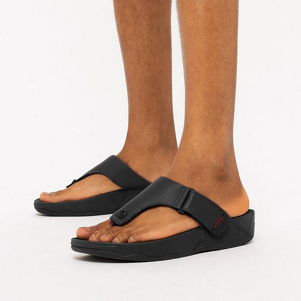 Men's Fitflop TRAKK II Leather Toe-Post Sandals Black | Ireland-27048