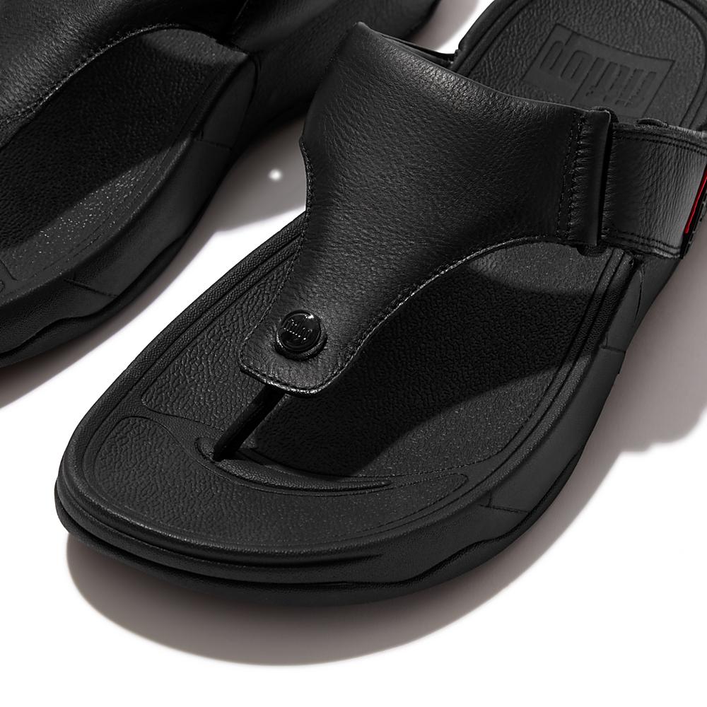 Men's Fitflop TRAKK II Leather Toe-Post Sandals Black | Ireland-27048