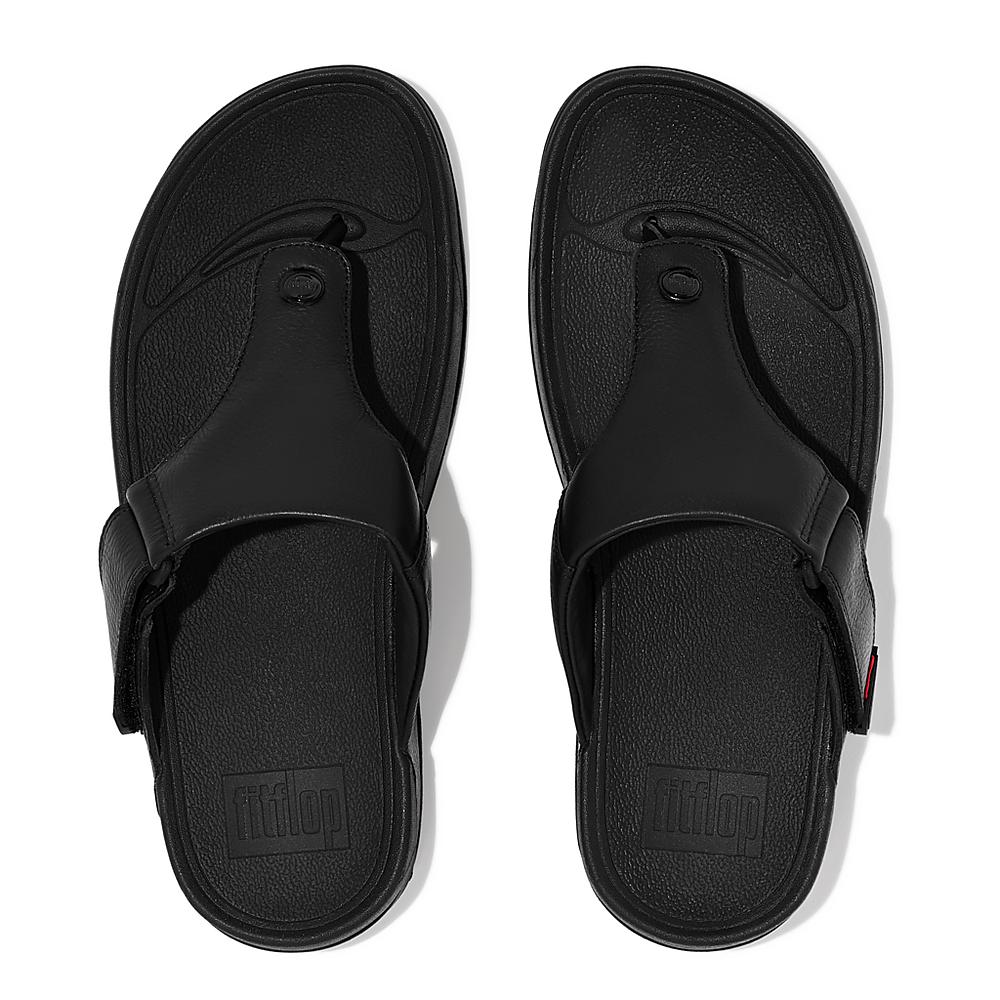 Men's Fitflop TRAKK II Leather Toe-Post Sandals Black | Ireland-27048