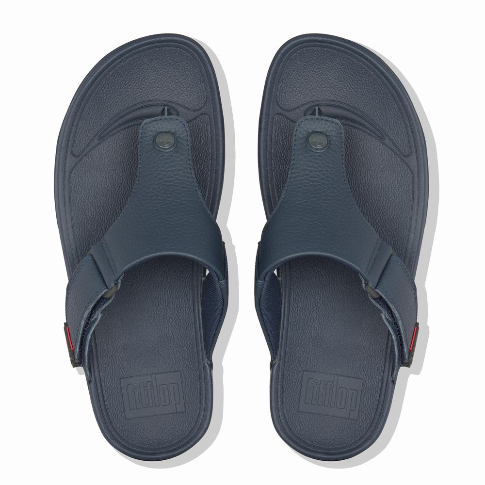 Men's Fitflop TRAKK II Leather Toe-Post Sandals Navy | Ireland-95307