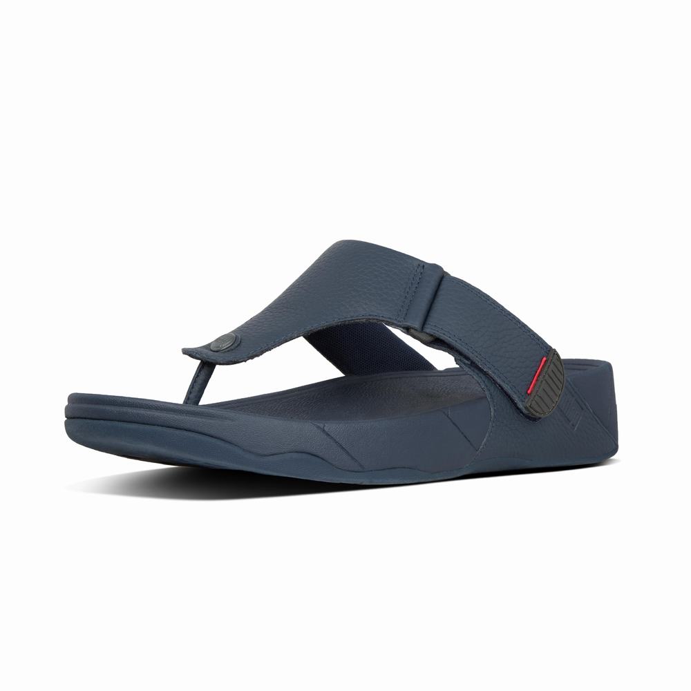 Men's Fitflop TRAKK II Leather Toe-Post Sandals Navy | Ireland-95307