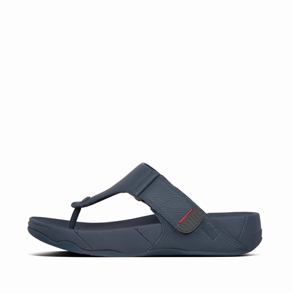 Men\'s Fitflop TRAKK II Leather Toe-Post Sandals Navy | Ireland-95307