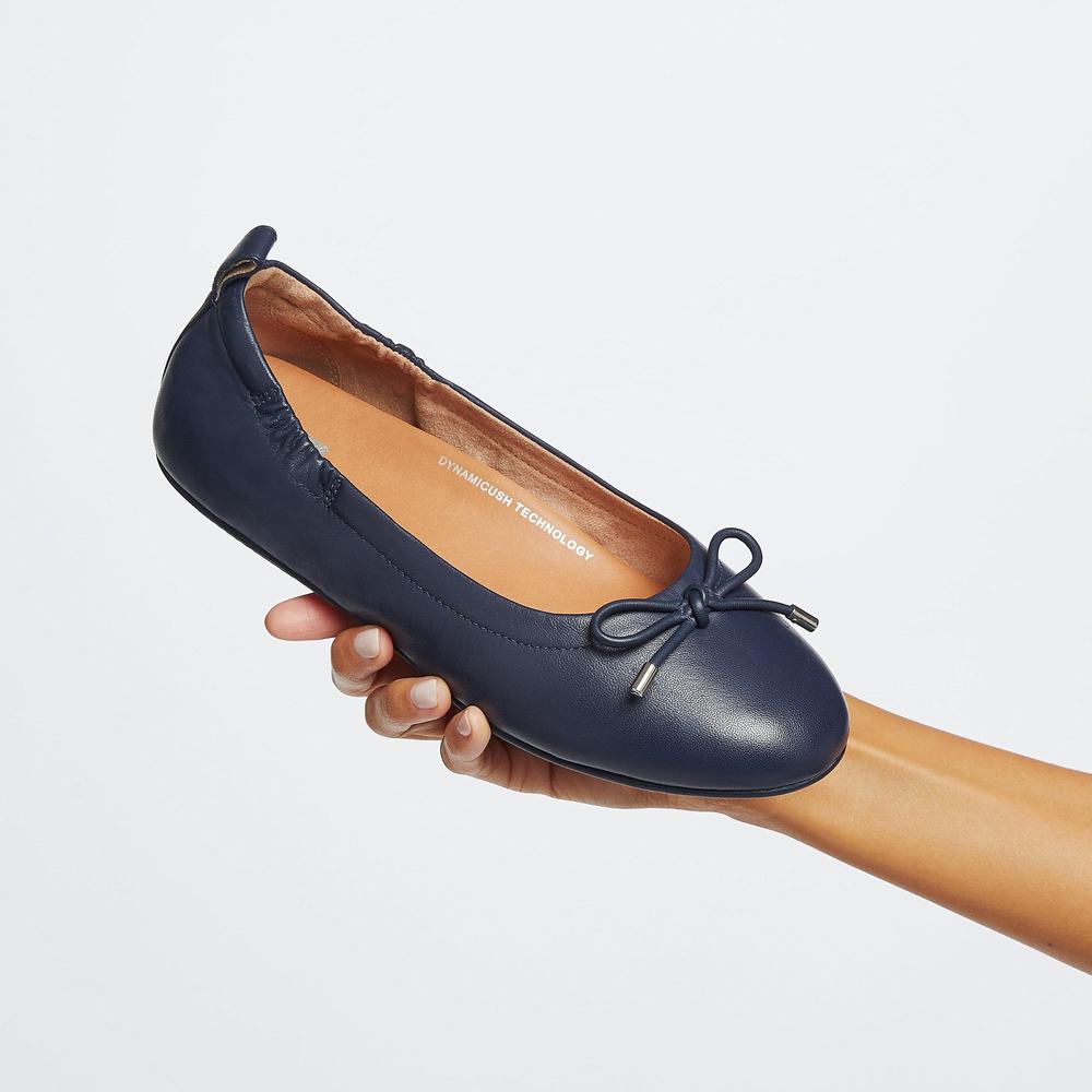 Women's Fitflop ALLEGRO Bow Leather Ballet Flats Navy | Ireland-85271