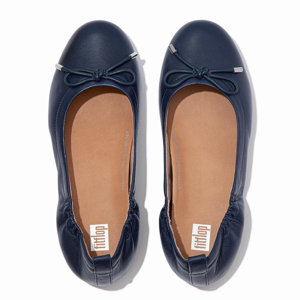 Women's Fitflop ALLEGRO Bow Leather Ballet Flats Navy | Ireland-85271