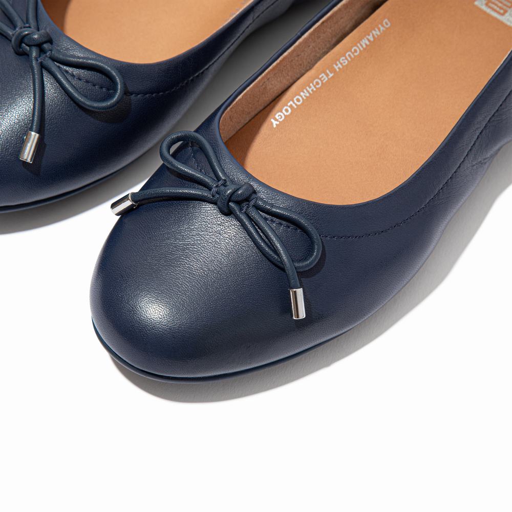 Women's Fitflop ALLEGRO Bow Leather Ballet Flats Navy | Ireland-85271