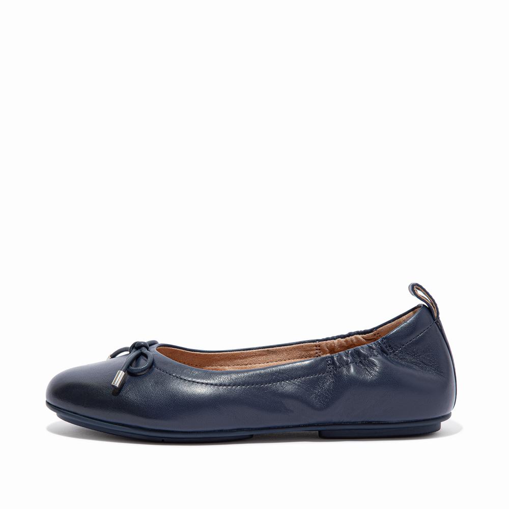 Women\'s Fitflop ALLEGRO Bow Leather Ballet Flats Navy | Ireland-85271