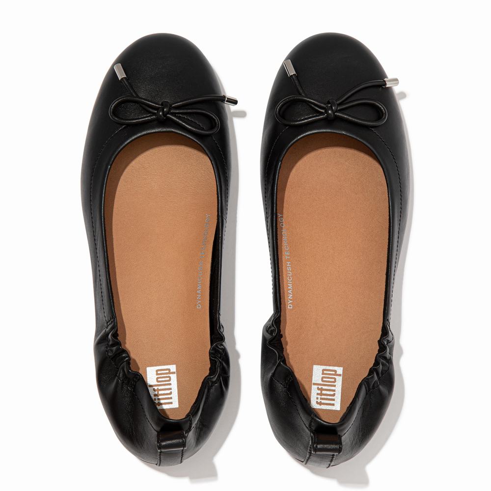 Women's Fitflop ALLEGRO Bow Leather Ballet Flats Black | Ireland-95173