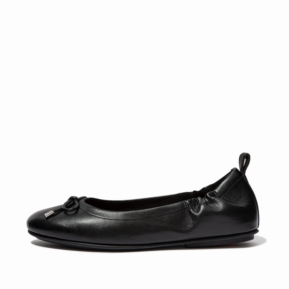 Women\'s Fitflop ALLEGRO Bow Leather Ballet Flats Black | Ireland-95173