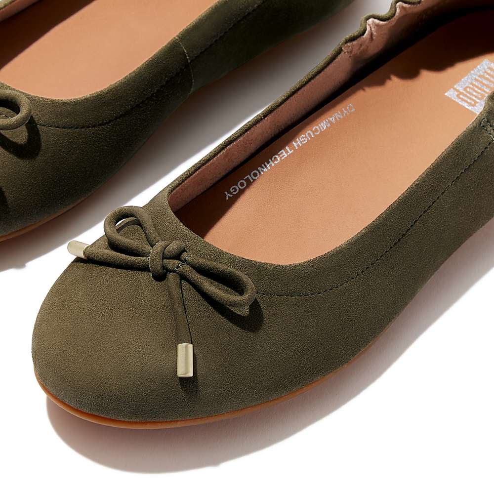 Women's Fitflop ALLEGRO Bow Suede Ballet Flats Olive | Ireland-49087