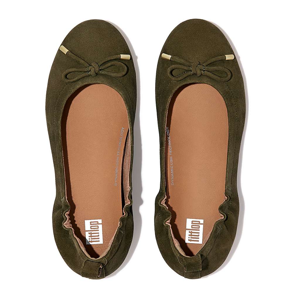 Women's Fitflop ALLEGRO Bow Suede Ballet Flats Olive | Ireland-49087