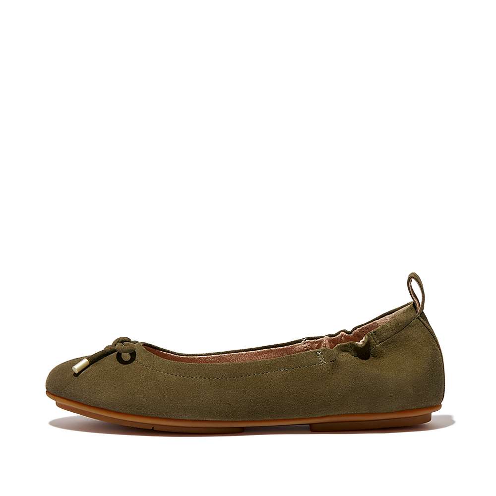 Women\'s Fitflop ALLEGRO Bow Suede Ballet Flats Olive | Ireland-49087