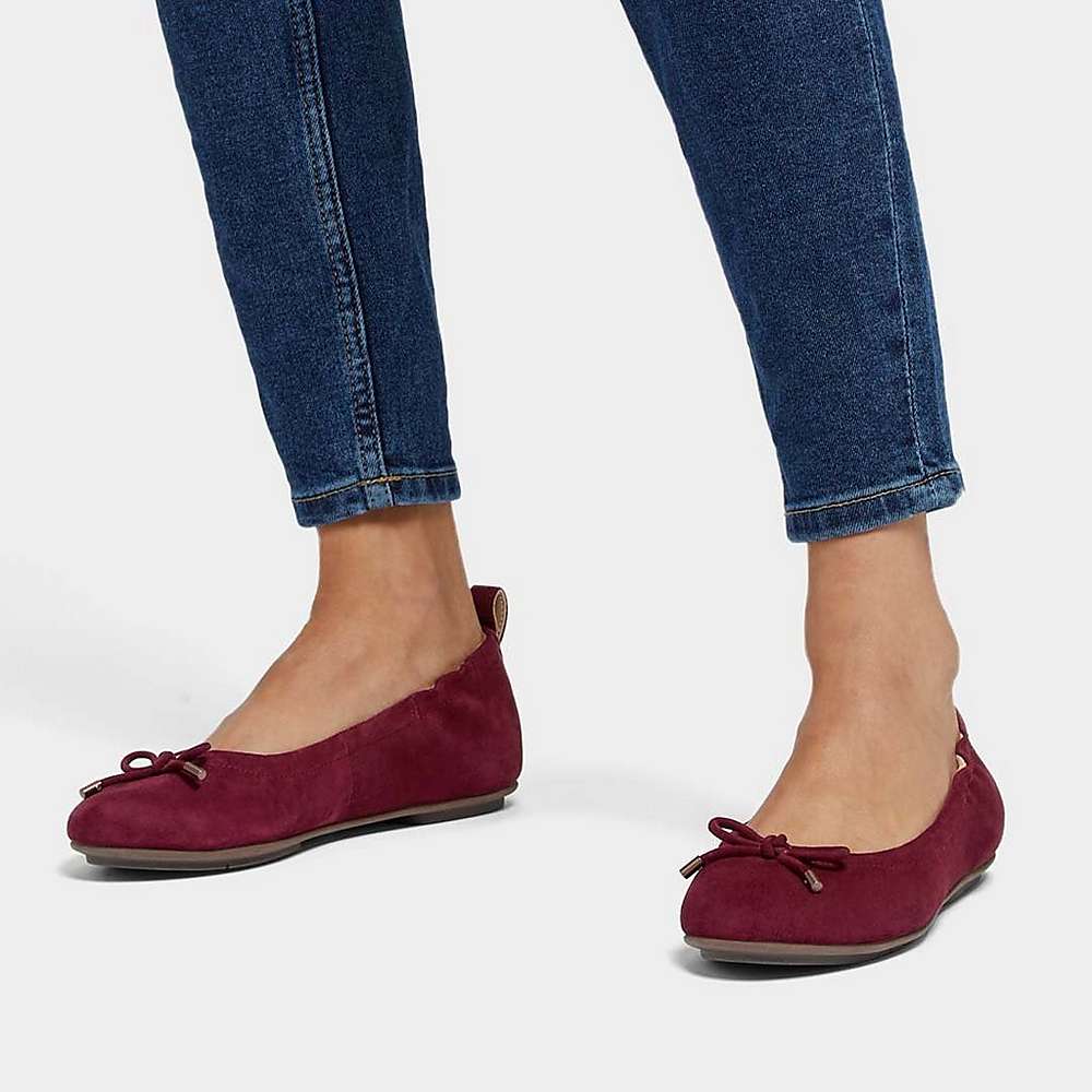 Women's Fitflop ALLEGRO Bow Suede Ballet Flats Burgundy | Ireland-84956