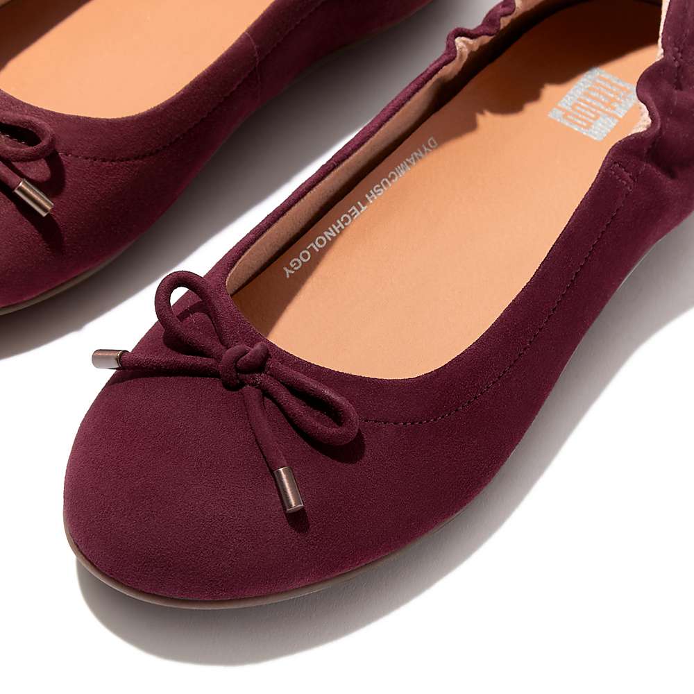 Women's Fitflop ALLEGRO Bow Suede Ballet Flats Burgundy | Ireland-84956