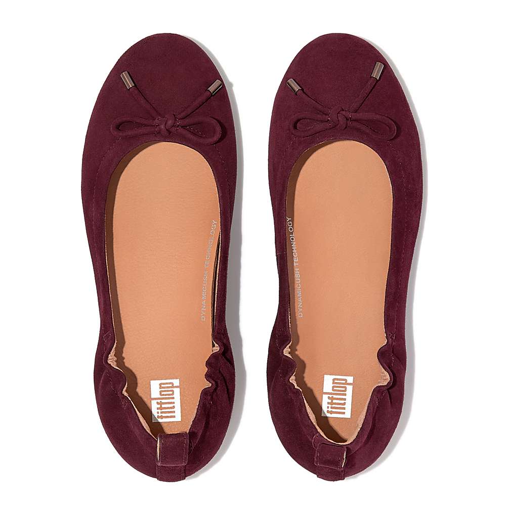 Women's Fitflop ALLEGRO Bow Suede Ballet Flats Burgundy | Ireland-84956