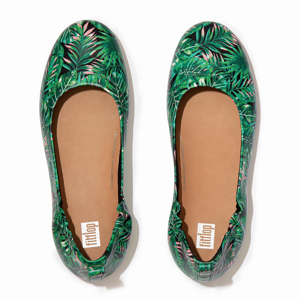 Women's Fitflop ALLEGRO Jungle-Print Soft Leather Ballet Flats Black | Ireland-10379