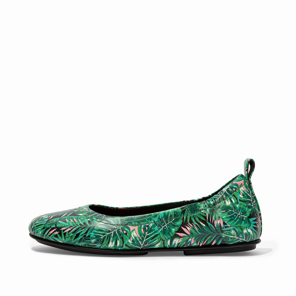 Women\'s Fitflop ALLEGRO Jungle-Print Soft Leather Ballet Flats Black | Ireland-10379