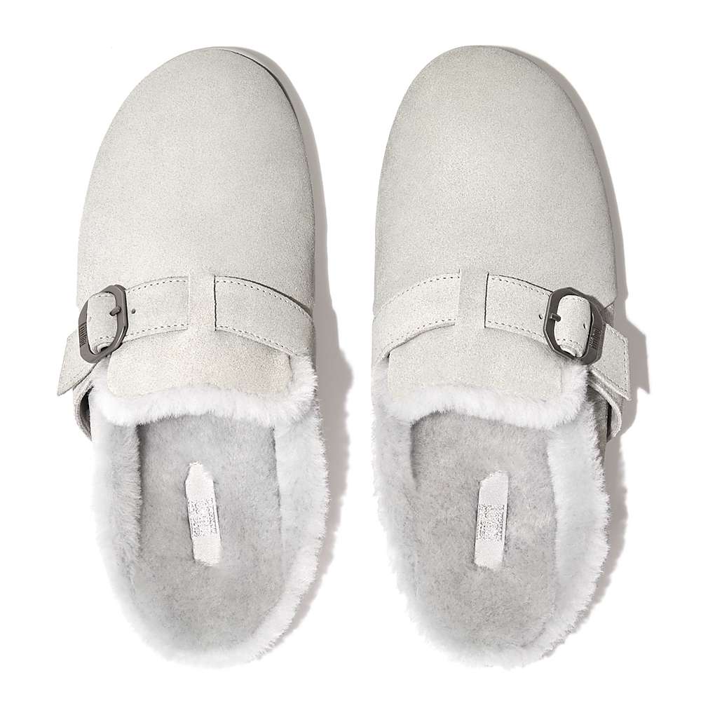 Women's Fitflop CHRISSIE Buckle Shearling-Lined Suede Slippers Grey | Ireland-01642