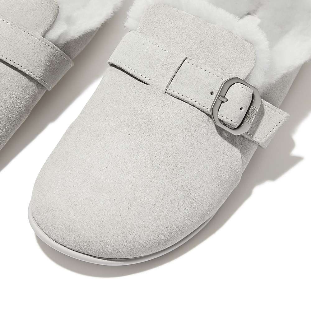 Women's Fitflop CHRISSIE Buckle Shearling-Lined Suede Slippers Grey | Ireland-01642