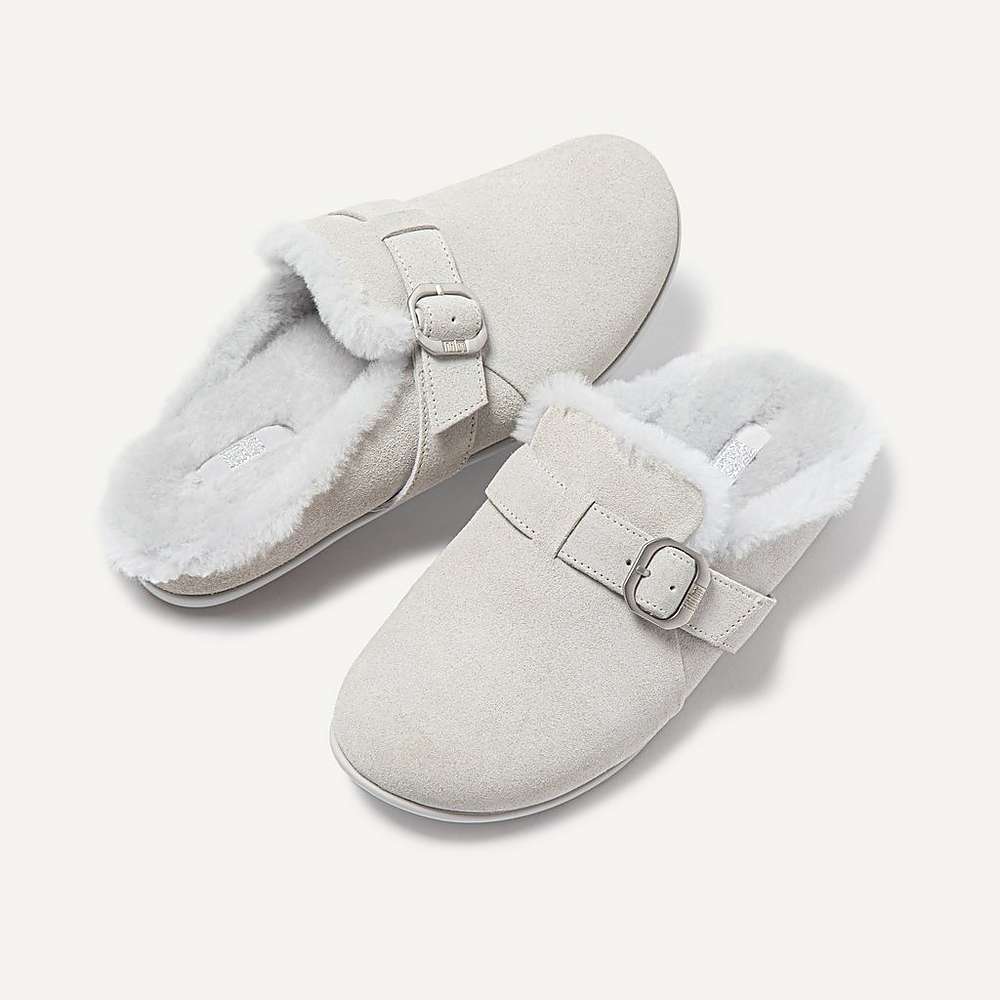 Women's Fitflop CHRISSIE Buckle Shearling-Lined Suede Slippers Grey | Ireland-01642