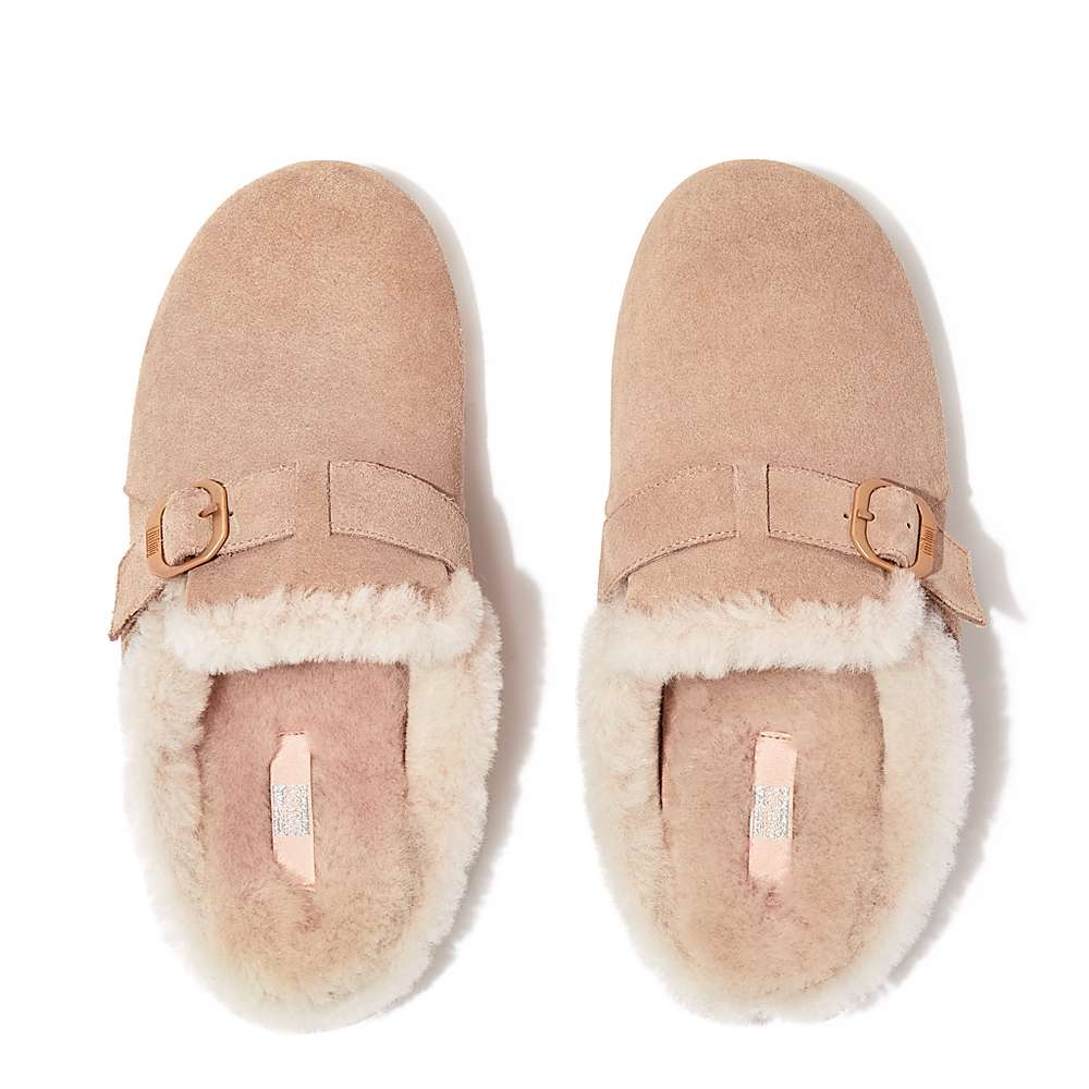 Women's Fitflop CHRISSIE Buckle Shearling-Lined Suede Slippers Beige | Ireland-34095