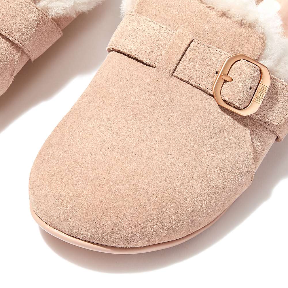 Women's Fitflop CHRISSIE Buckle Shearling-Lined Suede Slippers Beige | Ireland-34095