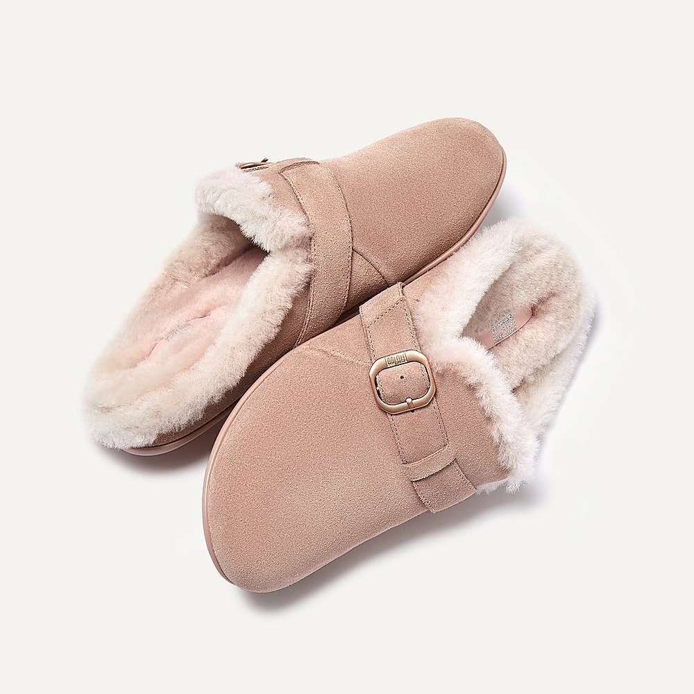 Women's Fitflop CHRISSIE Buckle Shearling-Lined Suede Slippers Beige | Ireland-34095