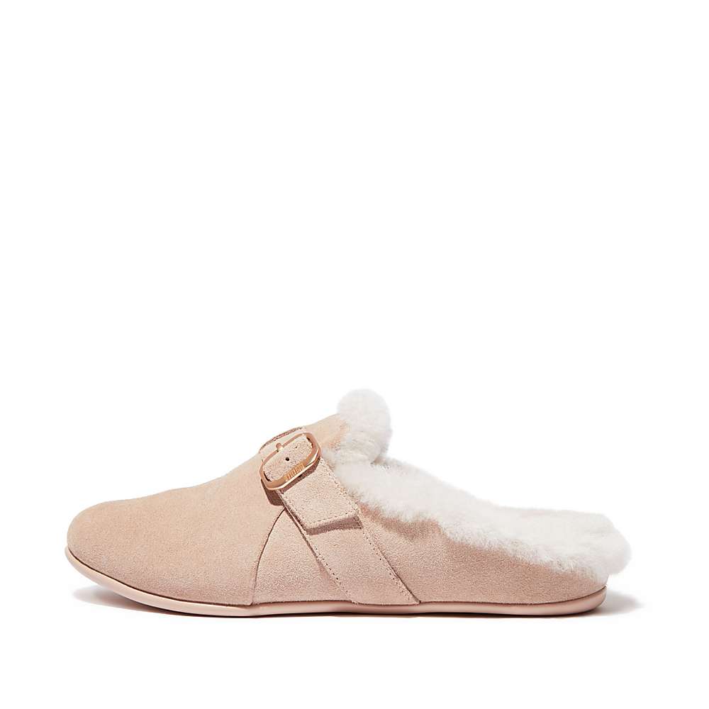 Women\'s Fitflop CHRISSIE Buckle Shearling-Lined Suede Slippers Beige | Ireland-34095