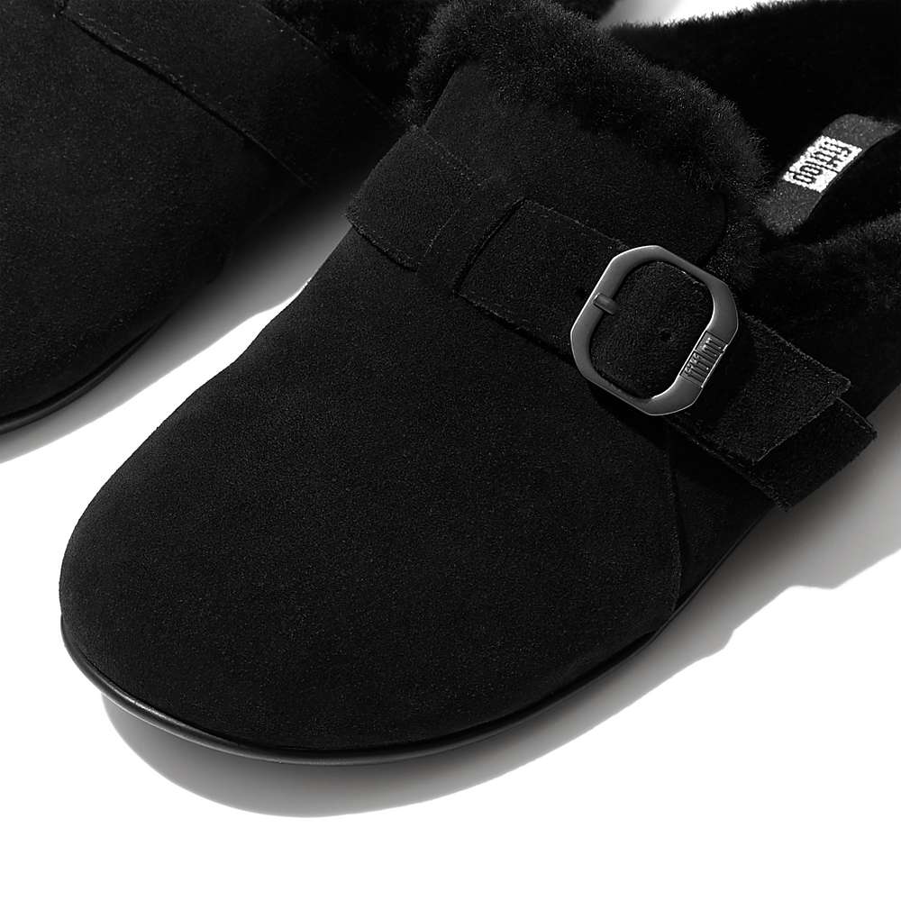 Women's Fitflop CHRISSIE Buckle Shearling-Lined Suede Slippers Black | Ireland-73061