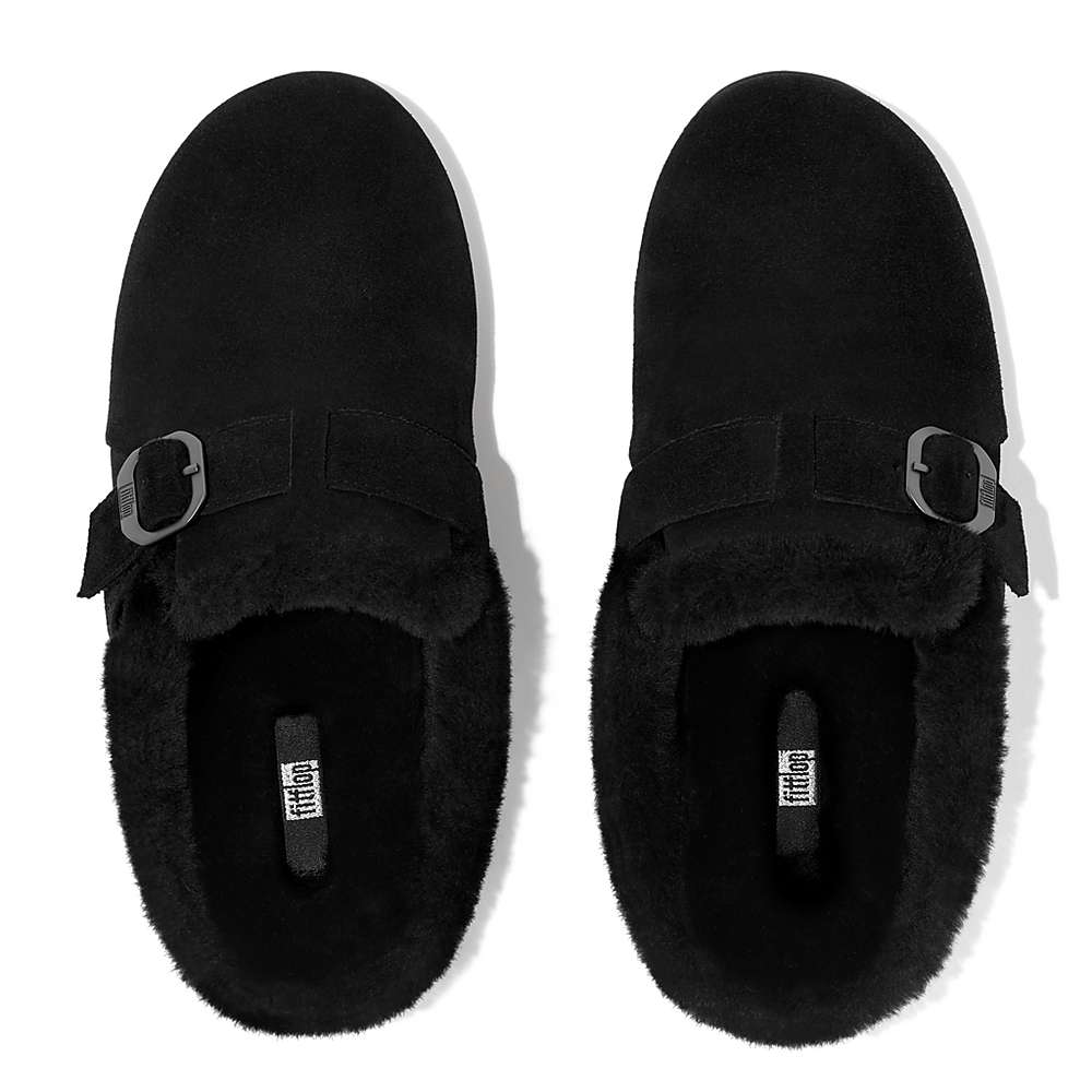 Women's Fitflop CHRISSIE Buckle Shearling-Lined Suede Slippers Black | Ireland-73061