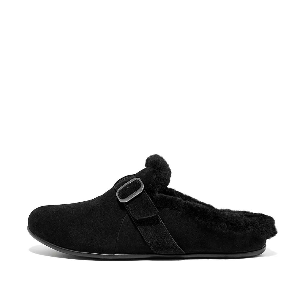 Women\'s Fitflop CHRISSIE Buckle Shearling-Lined Suede Slippers Black | Ireland-73061