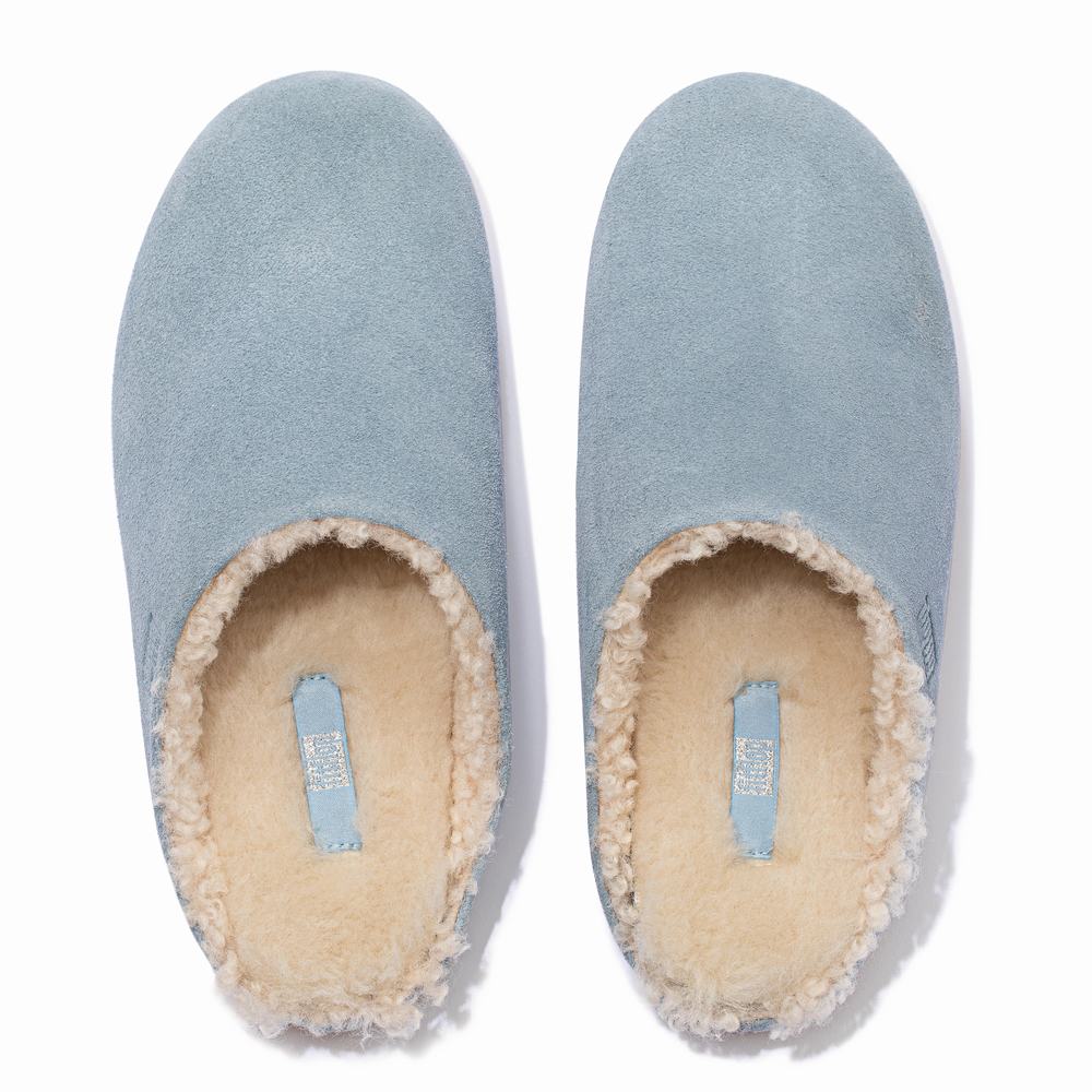 Women's Fitflop CHRISSIE Curly Shearling Suede Slippers Blue | Ireland-56128