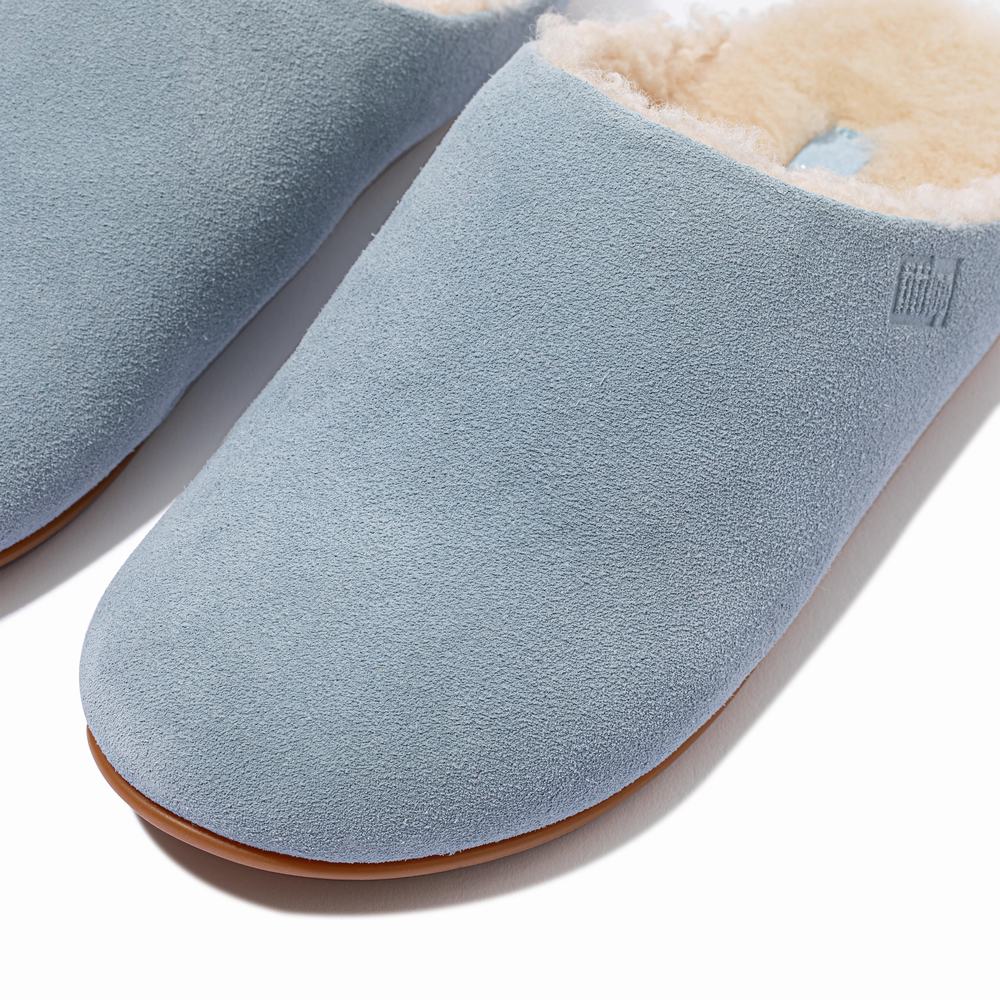 Women's Fitflop CHRISSIE Curly Shearling Suede Slippers Blue | Ireland-56128