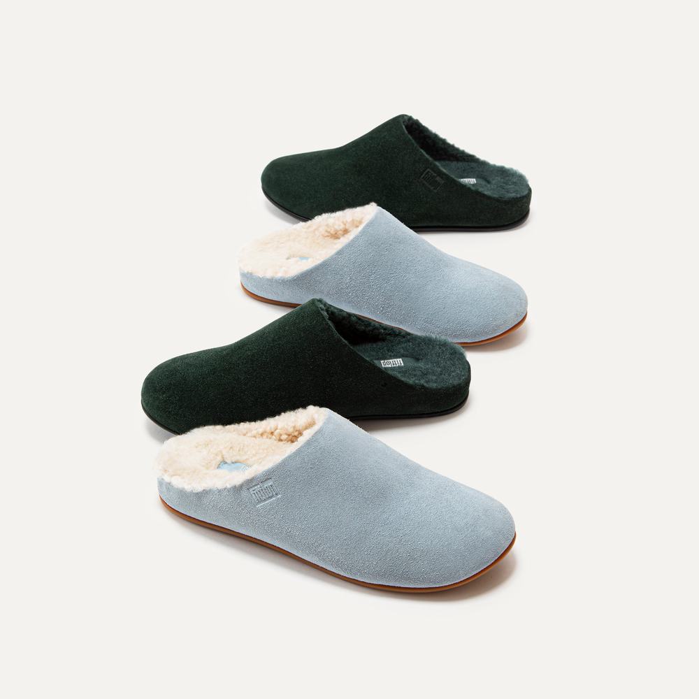 Women's Fitflop CHRISSIE Curly Shearling Suede Slippers Blue | Ireland-56128