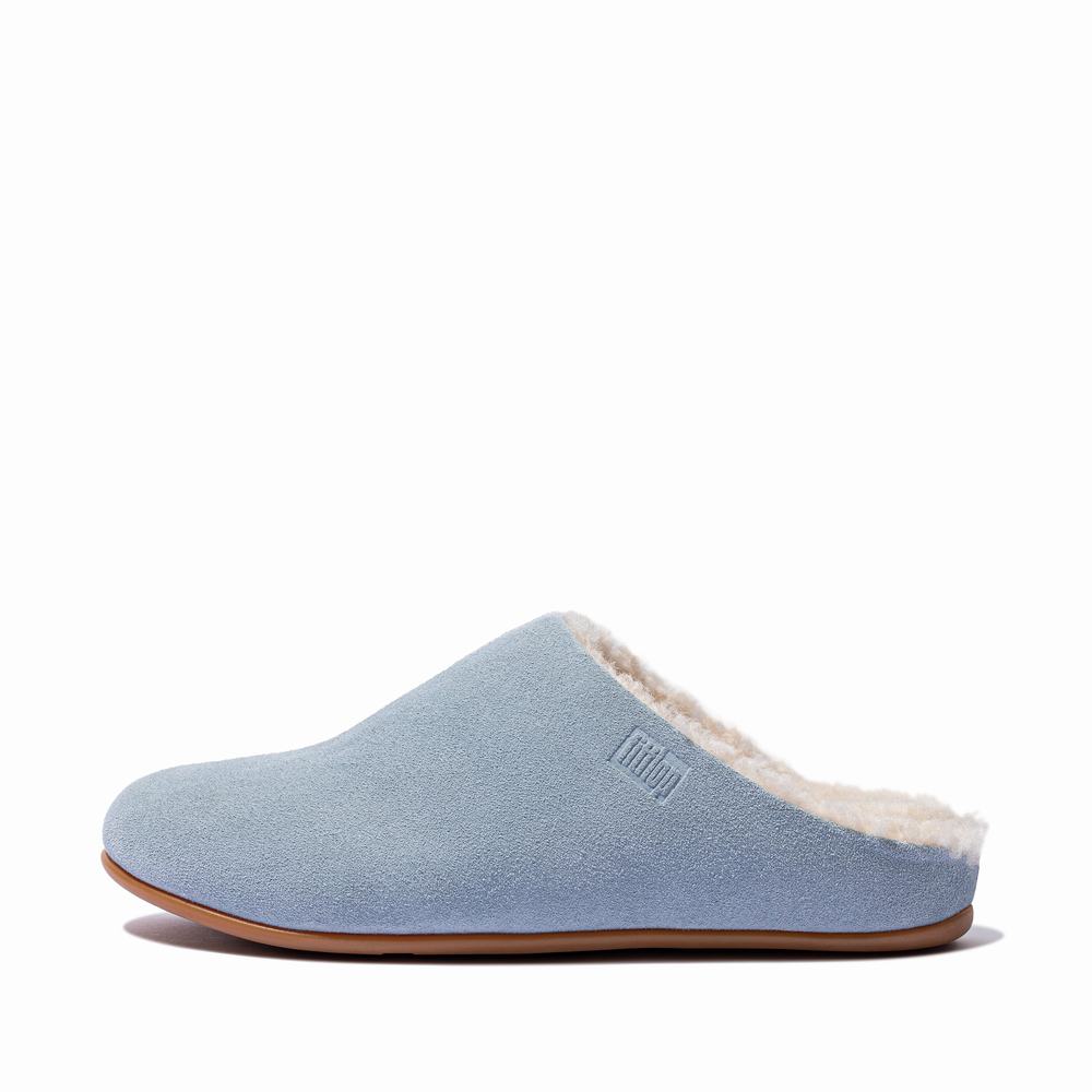 Women\'s Fitflop CHRISSIE Curly Shearling Suede Slippers Blue | Ireland-56128